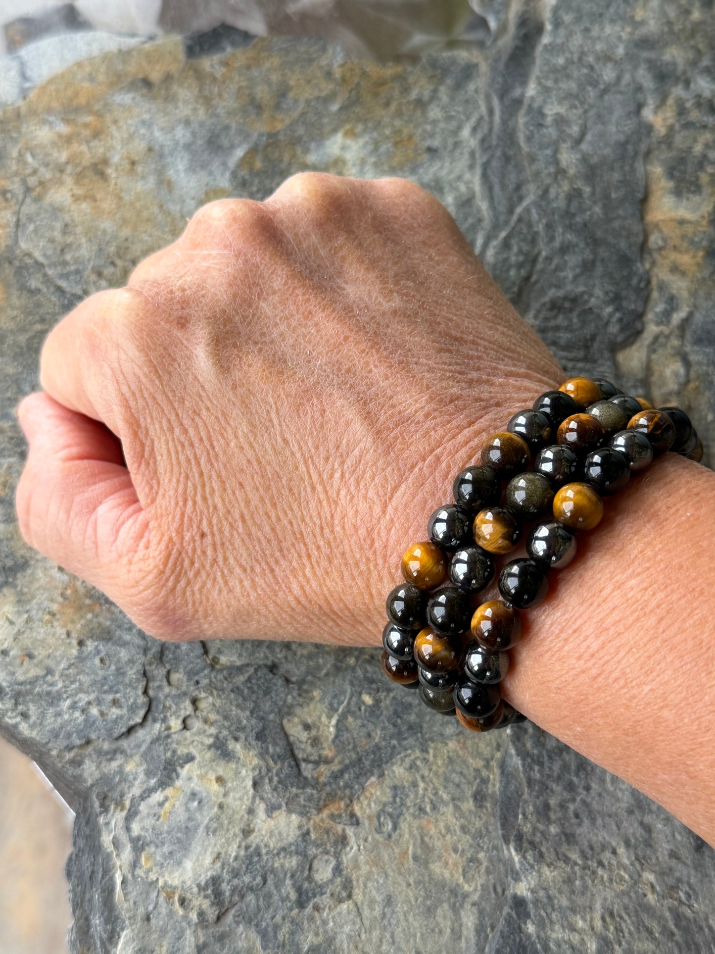 Bracelet Obsidienne, hématite, Œil de tigre