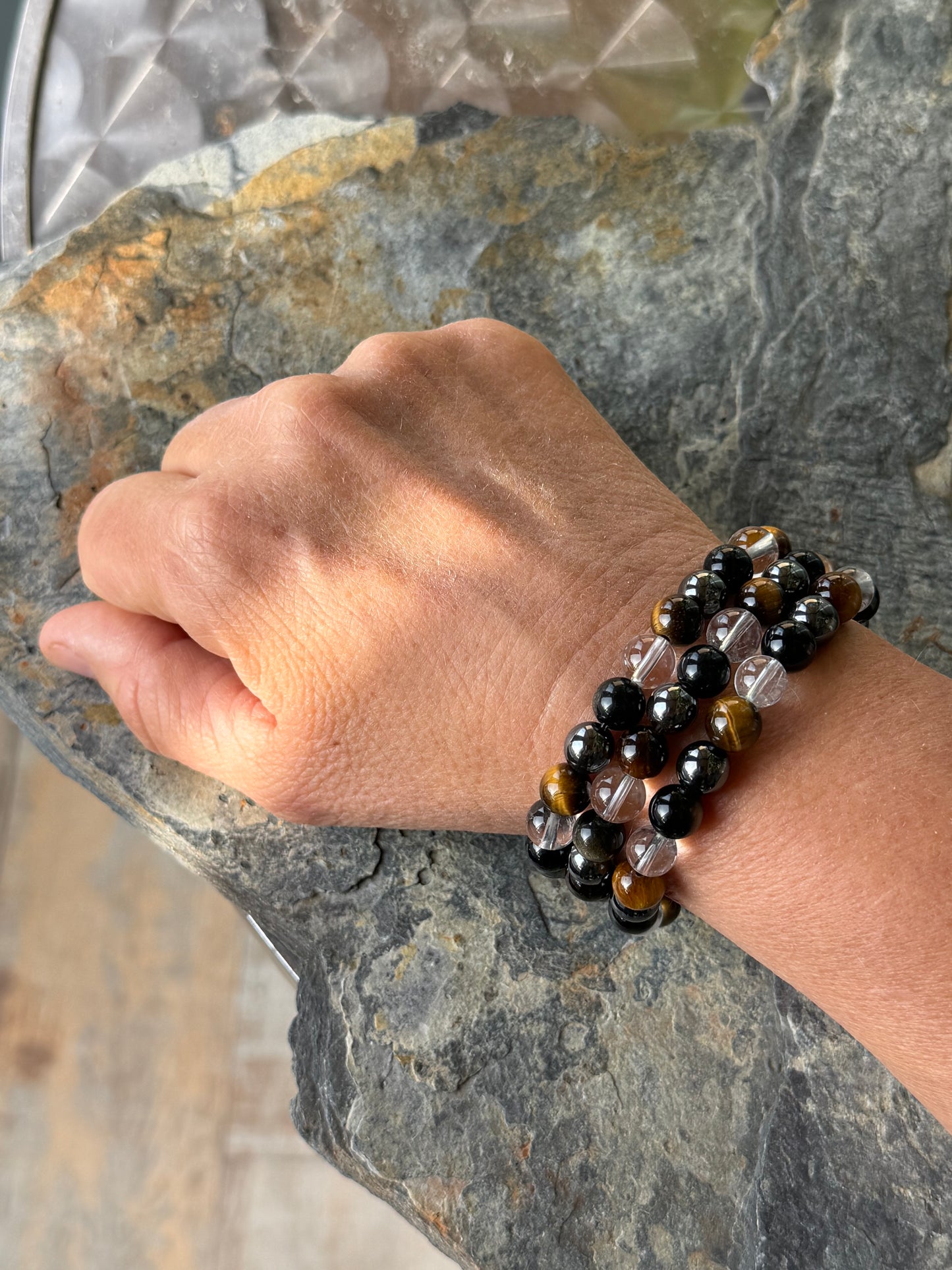 Bracelet Obsidienne-Hématite-Œil de tigre-Cristal de roche