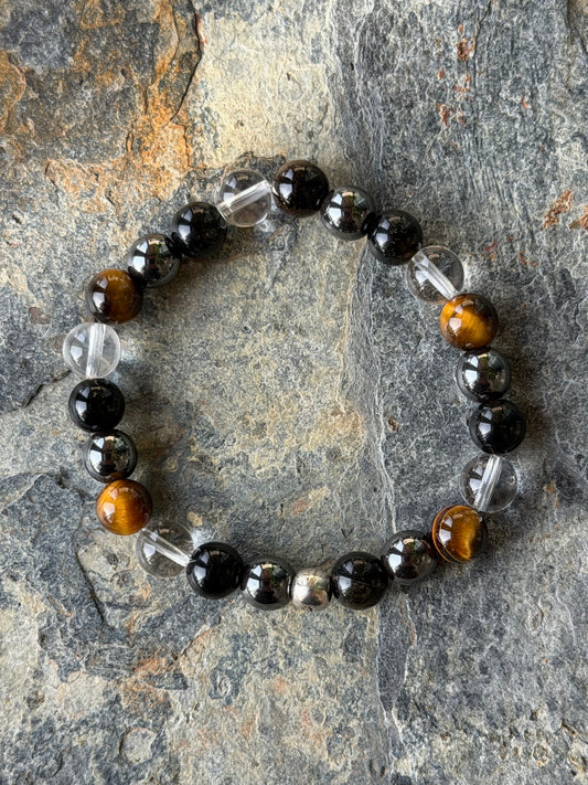 Bracelet  Obsidienne-Hématite-Œil de tigre-Cristal de roche