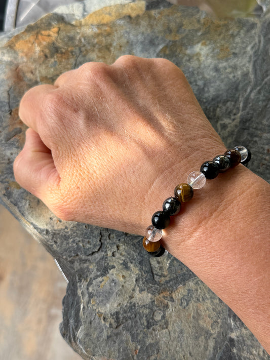 Bracelet  Obsidienne-Hématite-Œil de tigre-Cristal de roche